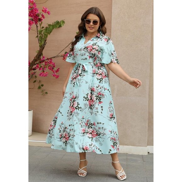 Plus Size Wedding Guest Dress Floral Maxi 3/4 Sleeve Pockets V-Neck - Picture 6 of 7